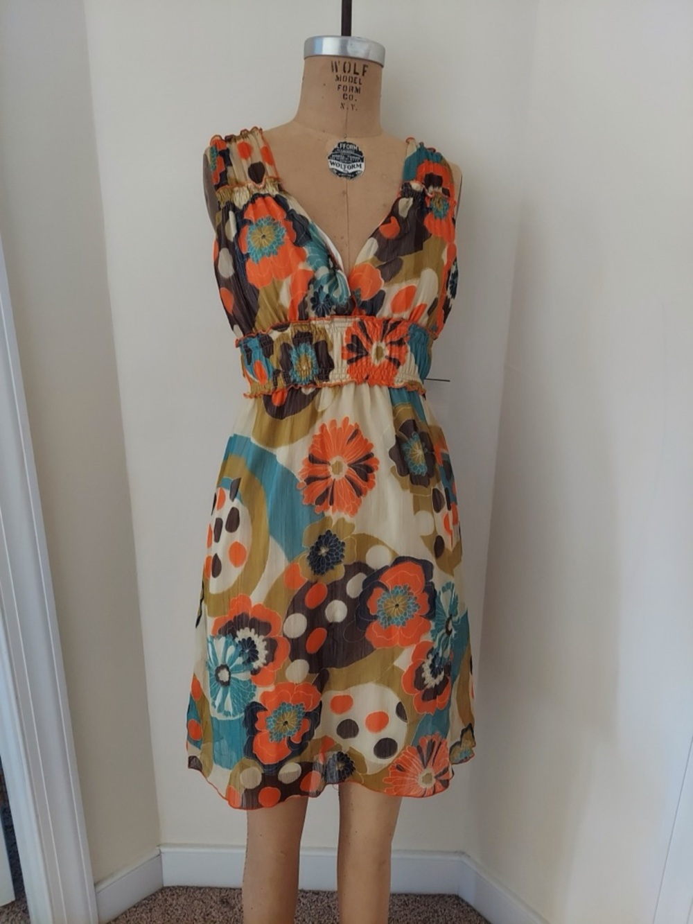 Fire Los Angeles Floral Sundress in Orange, Teal, Brown, Cream